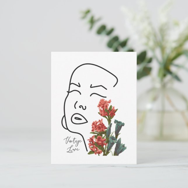 Cartes Pour Fêtes Annuelles Femme florale rétro face une ligne de dessin fleur (Debout devant)