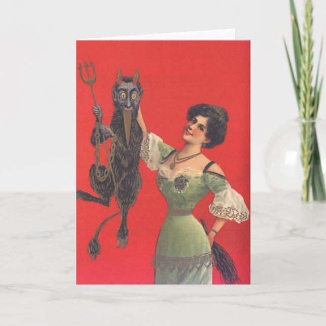 Cartes Pour Fêtes Annuelles Femme qui regarde Krampus (Devant)