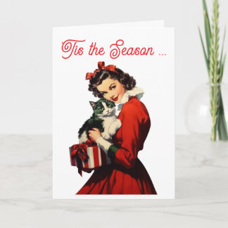 Cartes Pour Fêtes Annuelles Femme Rétro en Rouge & Câlins Chauds de Chat 
