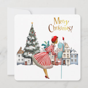 Cartes Pour Fêtes Annuelles Femme vintage de 1950 envoyant des vœux de Noël
