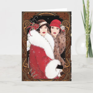 Cartes Pour Fêtes Annuelles Femmes des années 1920 en manteaux d'hiver vintage