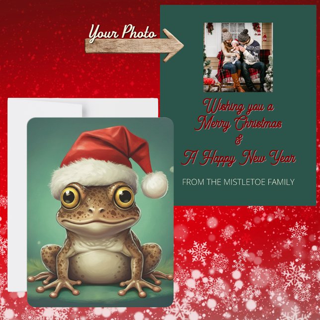 Cartes Pour Fêtes Annuelles Fen-Whisperer | Noël de la grenouille lunaire (festive photo Christmas card, brown frog classic Santa Hat. Personalised family photo holiday card)