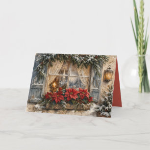 Cartes Pour Fêtes Annuelles Fenêtre de Noël au Poinsettia enneigé