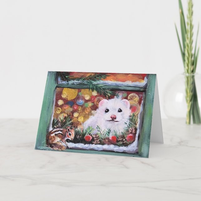 Cartes Pour Fêtes Annuelles Fenêtre de Noël de furet et de tamia (Devant)