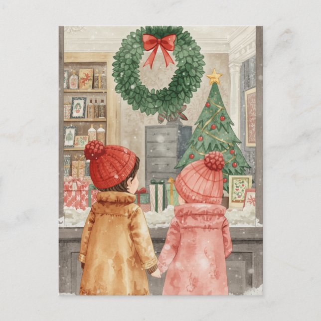 Cartes Pour Fêtes Annuelles Fenêtre Enfants Shopping Noël Aquarelle (Devant)