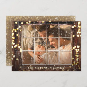 Cartes Pour Fêtes Annuelles Fenêtre neige   Lumières Gold Bokeh avec photo en 