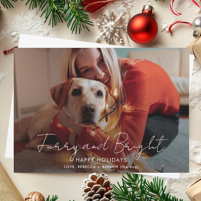 Cartes Pour Fêtes Annuelles Fer et brillant script photo Noël (Furry and Bright Script Photo Christmas Holiday Card)