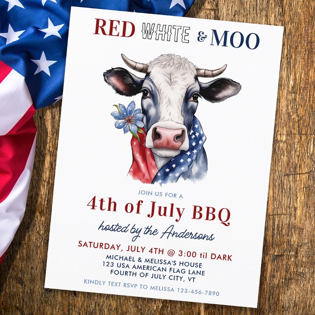 Cartes Pour Fêtes Annuelles Ferme à vaches patriotique Moo blanc rouge 4 juill (Créateur téléchargé)