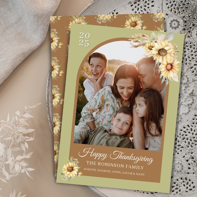 Cartes Pour Fêtes Annuelles Ferme Automne Automne Bon thanksgiving Floral (elegant sunflowers theme Happy Thanksgiving cards with arch photo and rustic farmhouse aesthetics)