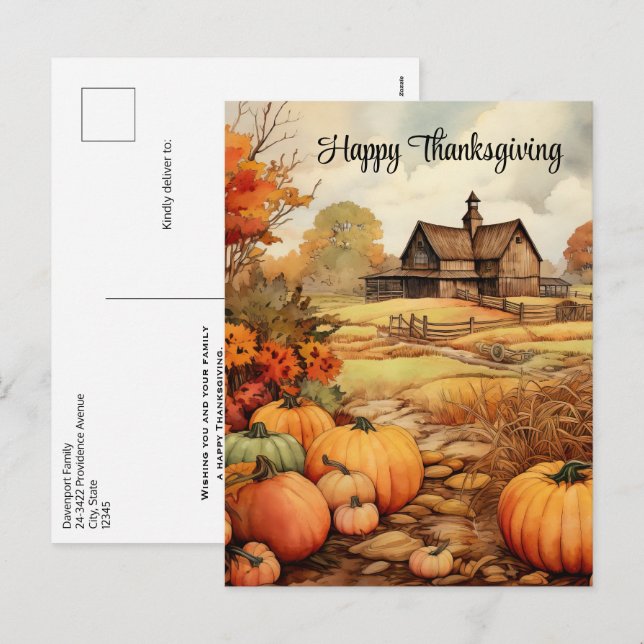 Cartes Pour Fêtes Annuelles Ferme citrouille automne récolte Thanksgiving (Devant / Derrière)