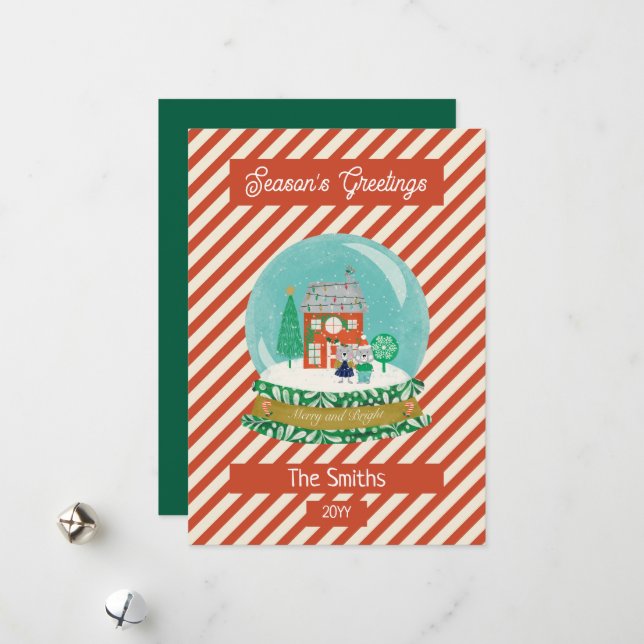 Cartes Pour Fêtes Annuelles Ferme Joyeux Noël Globe de neige Père Noël Ours (Devant/Arrière en situation)