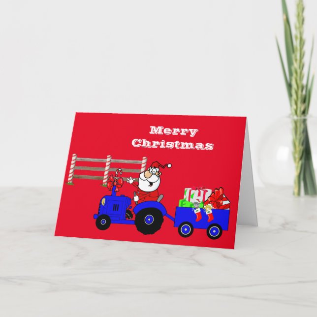 Cartes Pour Fêtes Annuelles Ferme Père Noël Sur Tracteur Avec Cadeaux (Devant)