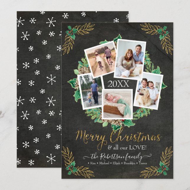 Cartes Pour Fêtes Annuelles Ferme Photo Wreath Gold Noël Chalkboard H (Devant / Derrière)