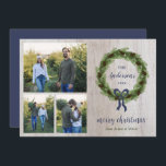 Cartes Pour Fêtes Annuelles Ferme Pine Wire 3 Photo | Lettre de Noël<br><div class="desc">Des cartes photos de vacances imprimés sur mesure abordables avec un modèle simple pour la personnalisation. Cette maison de ferme simple d'inspiration design dispose d'une couronne de branches de pin et de pinecones avec un arc bleu marine sur un arrière - plan rustique en bois patiné. Ajoutez votre lettre personnelle...</div>