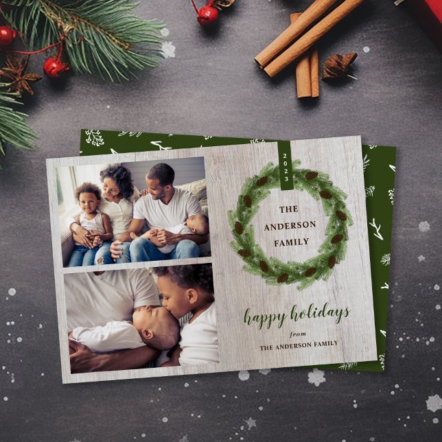 Cartes Pour Fêtes Annuelles Ferme Pine Wreath Joyeuses Vacances 2 Photo (Créateur téléchargé)