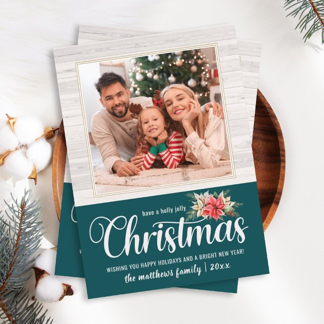 Cartes Pour Fêtes Annuelles Ferme Poinsettia Holly Jolly Noël 1 Photo (Créateur téléchargé)