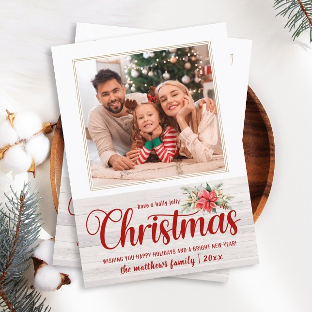 Cartes Pour Fêtes Annuelles Ferme Poinsettia Holly Jolly Noël 1 Photo (Créateur téléchargé)