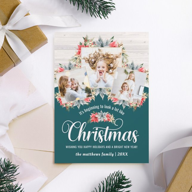 Cartes Pour Fêtes Annuelles Ferme Poinsettia Turquoise & Wood 3 Photo Collage (Créateur téléchargé)