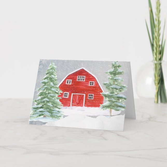 Cartes Pour Fêtes Annuelles Ferme rustique Grange rouge dans la neige Noël (Devant)