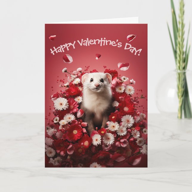 Cartes Pour Fêtes Annuelles Ferret adorable en fleurs Saint-Valentin (Devant)