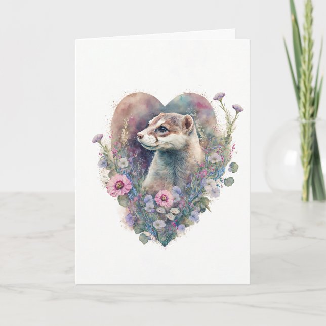 Cartes Pour Fêtes Annuelles Ferret sucré aux fleurs roses pour la Saint-Valent (Devant)