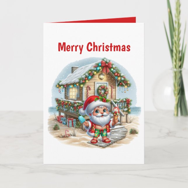 Cartes Pour Fêtes Annuelles Fesive Christmas beach Père Noël personnalisable (Devant)
