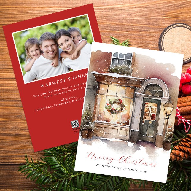 Cartes Pour Fêtes Annuelles Festif aquarelle photo Joyeux Noël (Merry Christmas Watercolor Photo Red Holiday Card)