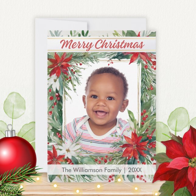 Cartes Pour Fêtes Annuelles Festif Botanique d'hiver Photo Joyeux Noël (A Christmas card with botanical greenery, red and white poinsettia flowers and custom photo and name)
