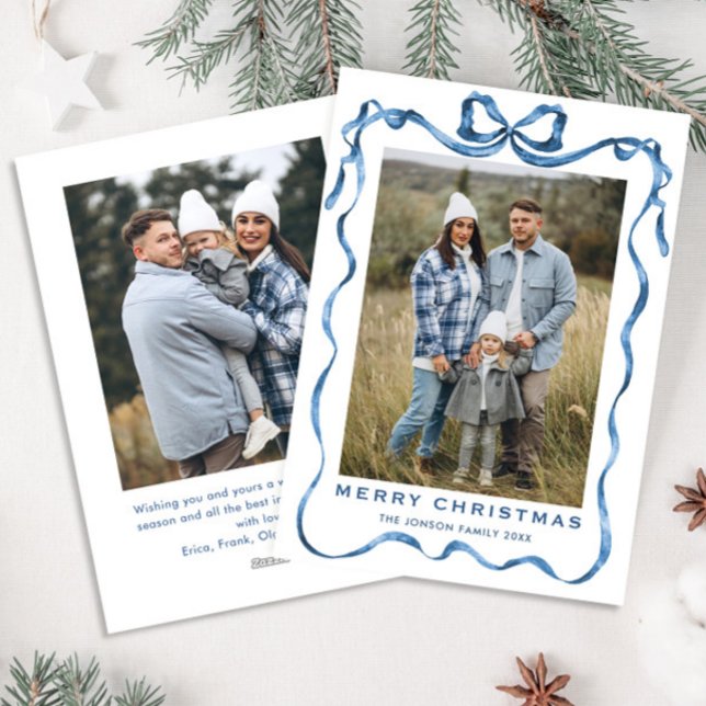 Cartes Pour Fêtes Annuelles Festif Dusty Blue Christmas Bow Ribbon 2 Photo (Créateur téléchargé)