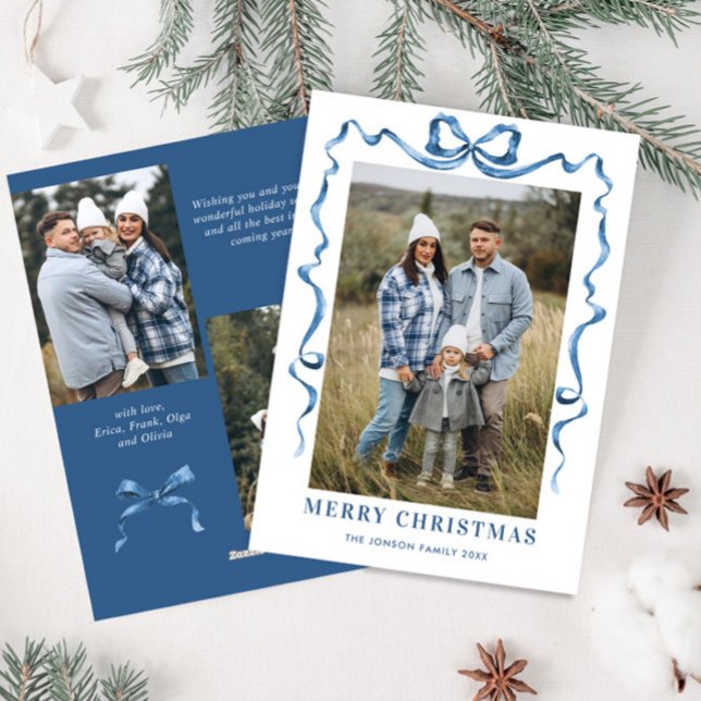 Cartes Pour Fêtes Annuelles Festif Dusty Blue Christmas Bow Ribbon 3 Photo (Créateur téléchargé)