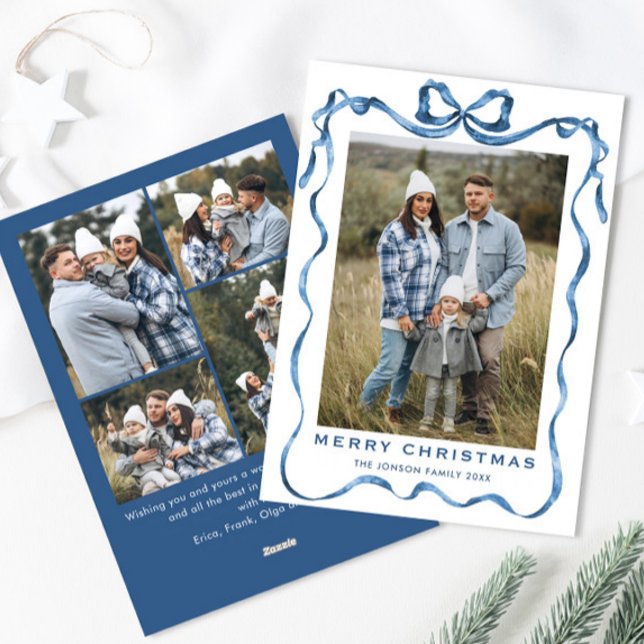 Cartes Pour Fêtes Annuelles Festif Dusty Blue Christmas Bow Ribbon 5 Photo (Créateur téléchargé)