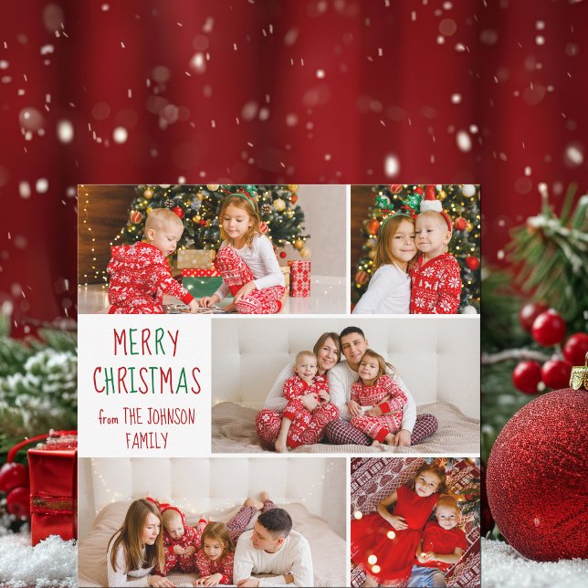 Cartes Pour Fêtes Annuelles Festif Famille 5 Photo Rouge Vert Joyeux Noël (Créateur téléchargé)