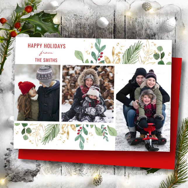 Cartes Pour Fêtes Annuelles Festif floral moderne rouge à feuillage vert (Créateur téléchargé)