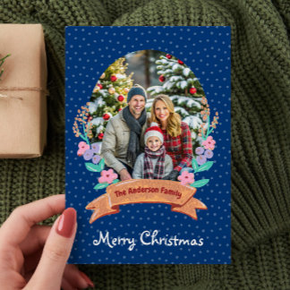 Cartes Pour Fêtes Annuelles Festif Floral Wreath Bleu foncé Photo Noël