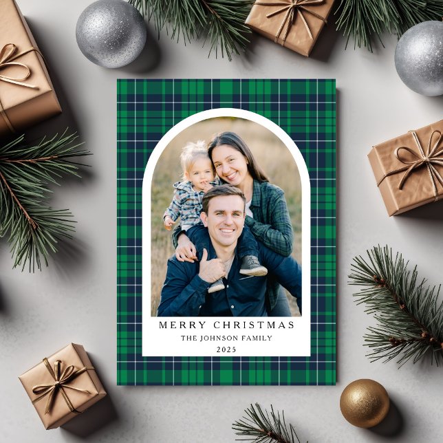 Cartes Pour Fêtes Annuelles Festif Green Plaid Photo Noël (Festive Green Plaid Photo Christmas Holiday Card)