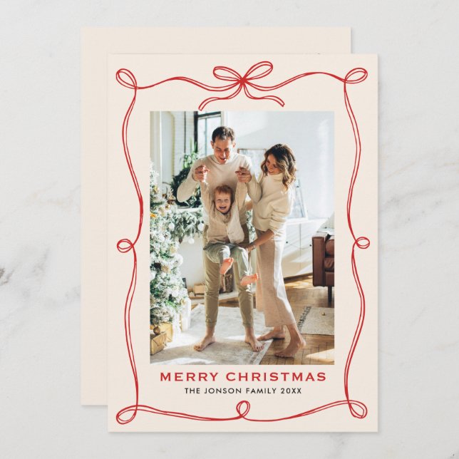 Cartes Pour Fêtes Annuelles Festif Noël Boho Red Bow Ribbon 2 Photo (Devant / Derrière)