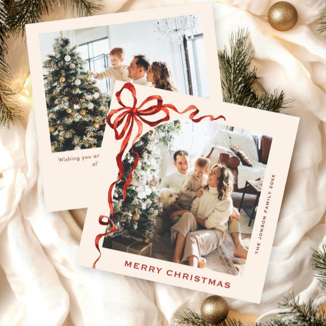 Cartes Pour Fêtes Annuelles Festif Noël Boho Red Bow Ribbon 2 Photo (Créateur téléchargé)