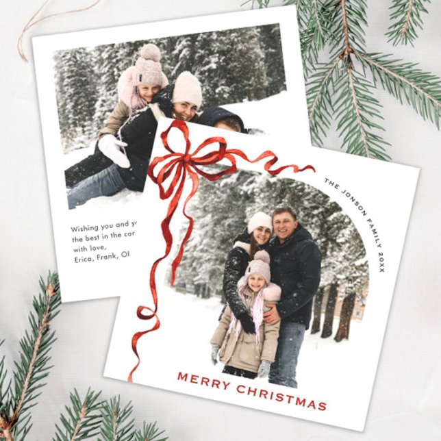 Cartes Pour Fêtes Annuelles Festif Noël Boho Red Bow Ribbon 2 Photo (Créateur téléchargé)