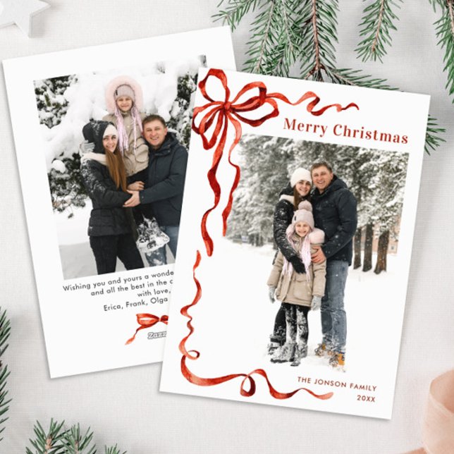 Cartes Pour Fêtes Annuelles Festif Noël Boho Red Bow Ribbon 2 Photo (Créateur téléchargé)