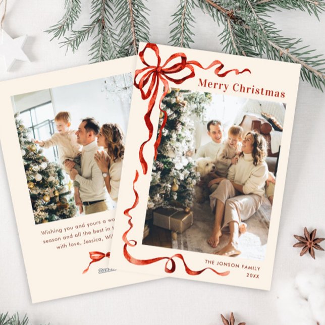 Cartes Pour Fêtes Annuelles Festif Noël Boho Red Bow Ribbon 2 Photo (Créateur téléchargé)