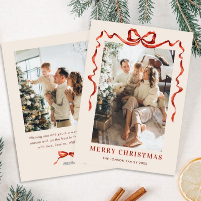 Cartes Pour Fêtes Annuelles Festif Noël Boho Red Bow Ribbon 2 Photo (Créateur téléchargé)