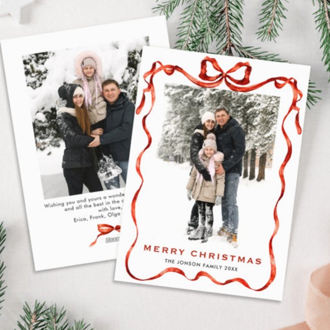 Cartes Pour Fêtes Annuelles Festif Noël Boho Red Bow Ribbon 2 Photo (Créateur téléchargé)