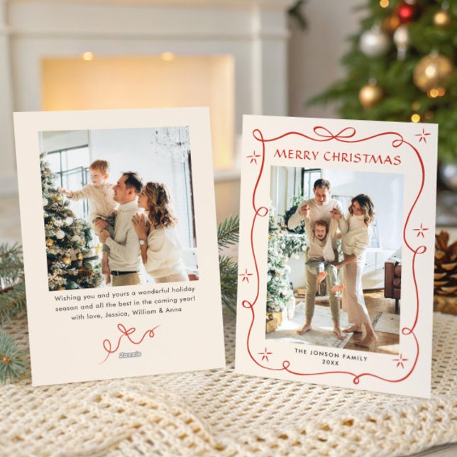 Cartes Pour Fêtes Annuelles Festif Noël Boho Red Bow Ribbon 2 Photo (Créateur téléchargé)