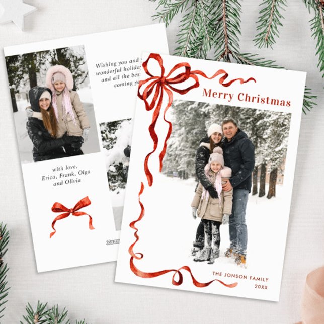Cartes Pour Fêtes Annuelles Festif Noël Boho Red Bow Ribbon 3 Photo (Créateur téléchargé)
