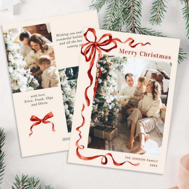 Cartes Pour Fêtes Annuelles Festif Noël Boho Red Bow Ribbon 3 Photo (Créateur téléchargé)