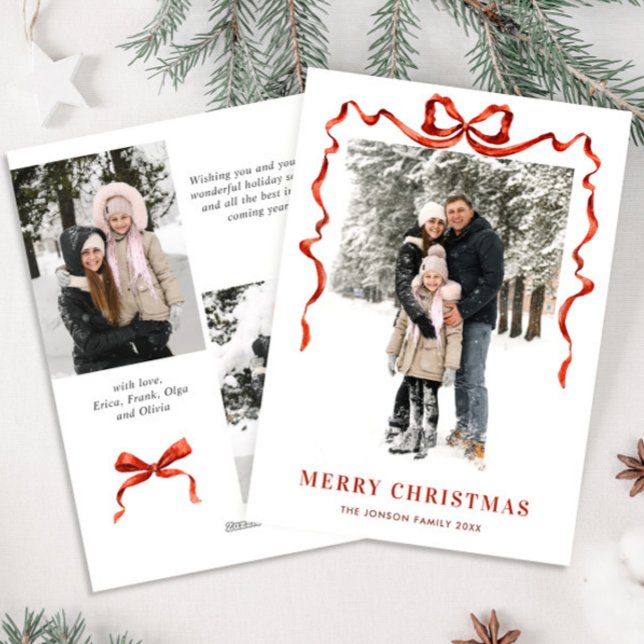 Cartes Pour Fêtes Annuelles Festif Noël Boho Red Bow Ribbon 3 Photo (Créateur téléchargé)