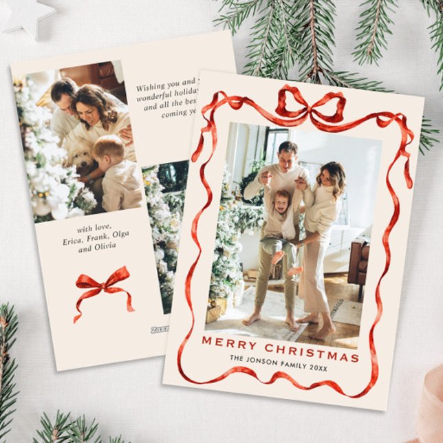 Cartes Pour Fêtes Annuelles Festif Noël Boho Red Bow Ribbon 3 Photo (Créateur téléchargé)