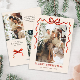Cartes Pour Fêtes Annuelles Festif Noël Boho Red Bow Ribbon 3 Photo