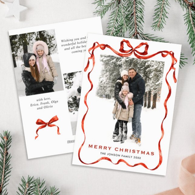Cartes Pour Fêtes Annuelles Festif Noël Boho Red Bow Ribbon 3 Photo (Créateur téléchargé)