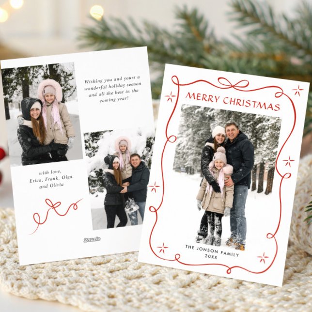 Cartes Pour Fêtes Annuelles Festif Noël Boho Red Bow Ribbon 3 Photo (Créateur téléchargé)